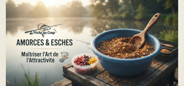 Les Amorces et Esches Les amorces. Bol d'amorce pour la pêche au coup et boîtes d'esches sur une table de bord de berge