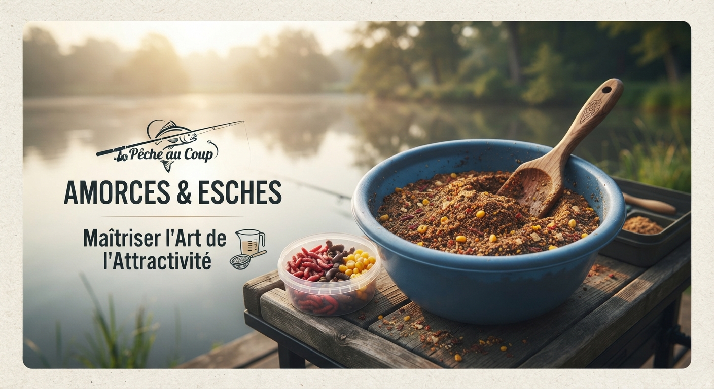 Les amorces. Bol d'amorce pour la pêche au coup et boîtes d'esches sur une table de bord de berge