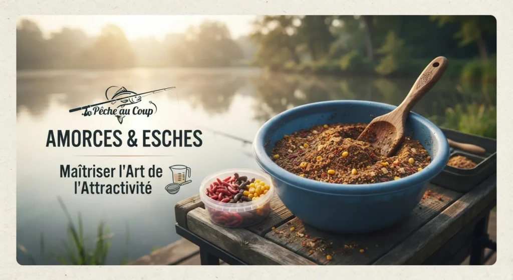 Les amorces. Bol d'amorce pour la pêche au coup et boîtes d'esches sur une table de bord de berge