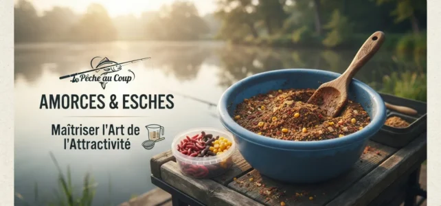 Les Amorces et Esches Les amorces. Bol d'amorce pour la pêche au coup et boîtes d'esches sur une table de bord de berge