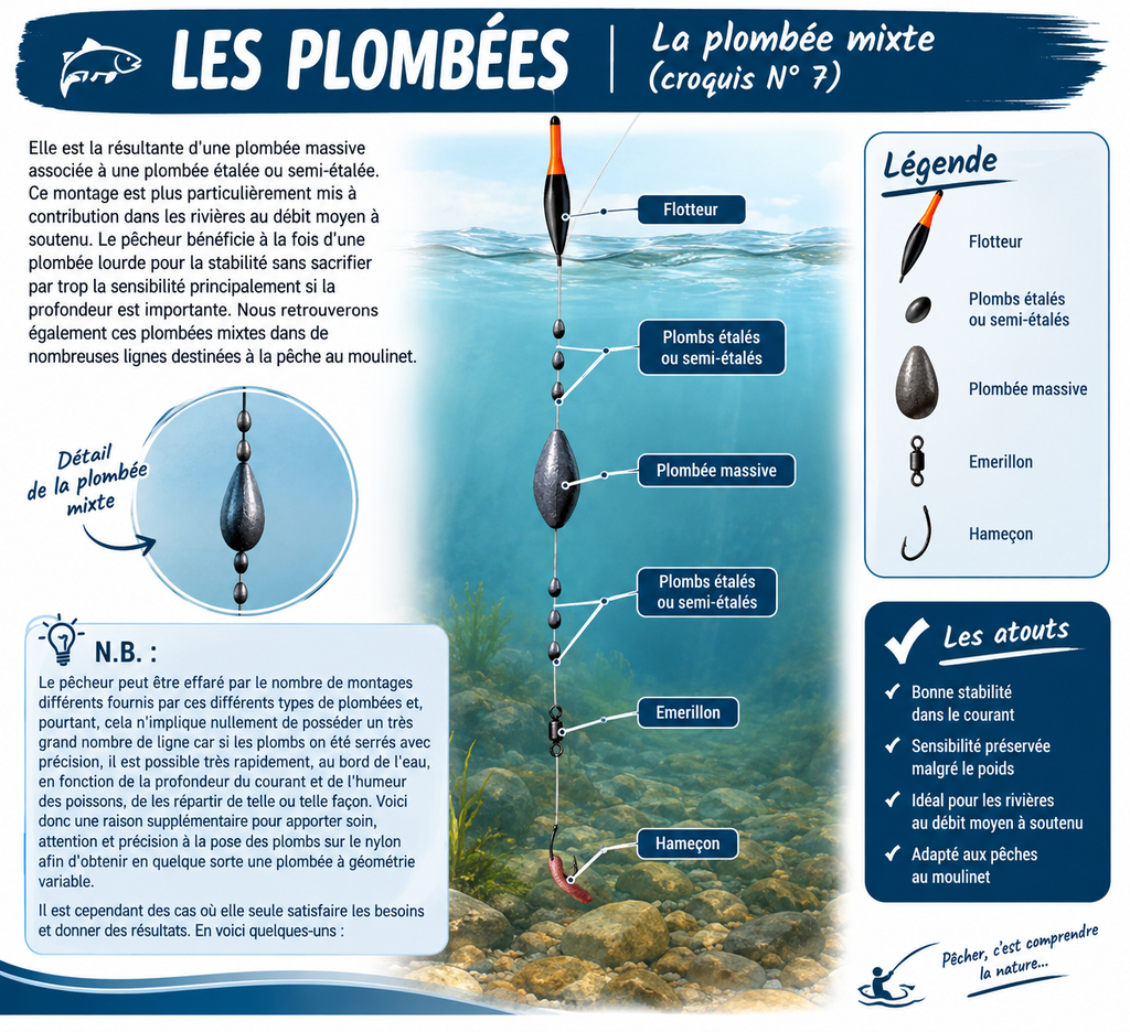 Illustration pédagogique de la plombée mixte en pêche au coup, montrant un flotteur, des plombs étalés, une plombée massive, un émerillon et un hameçon dans une rivière, avec légendes explicatives.