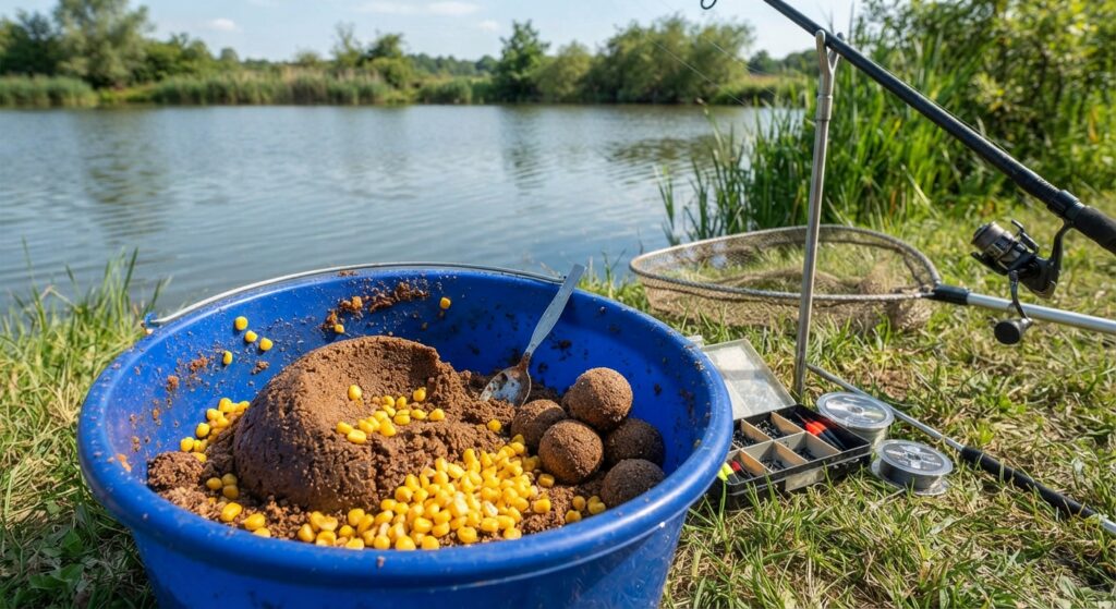 Pêcheur préparant une boule d'amorce pour la pêche en eau douce au bord de l'eau.