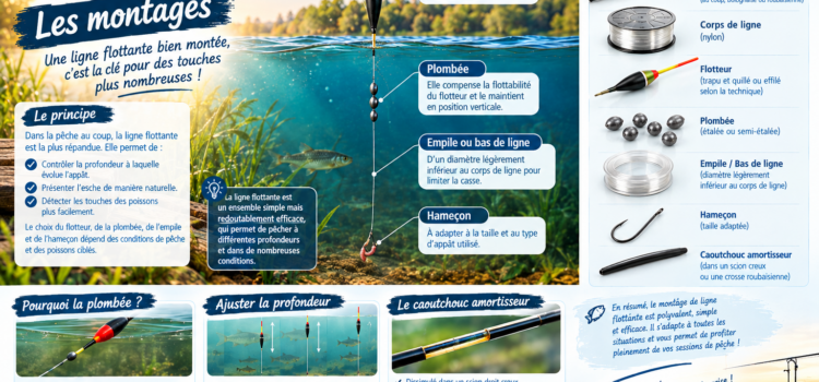 Les montages Guide complet sur les montages de lignes à la pêche au coup : rôle de la plombée, choix du bas de ligne, élastique et réglage de la profondeur.