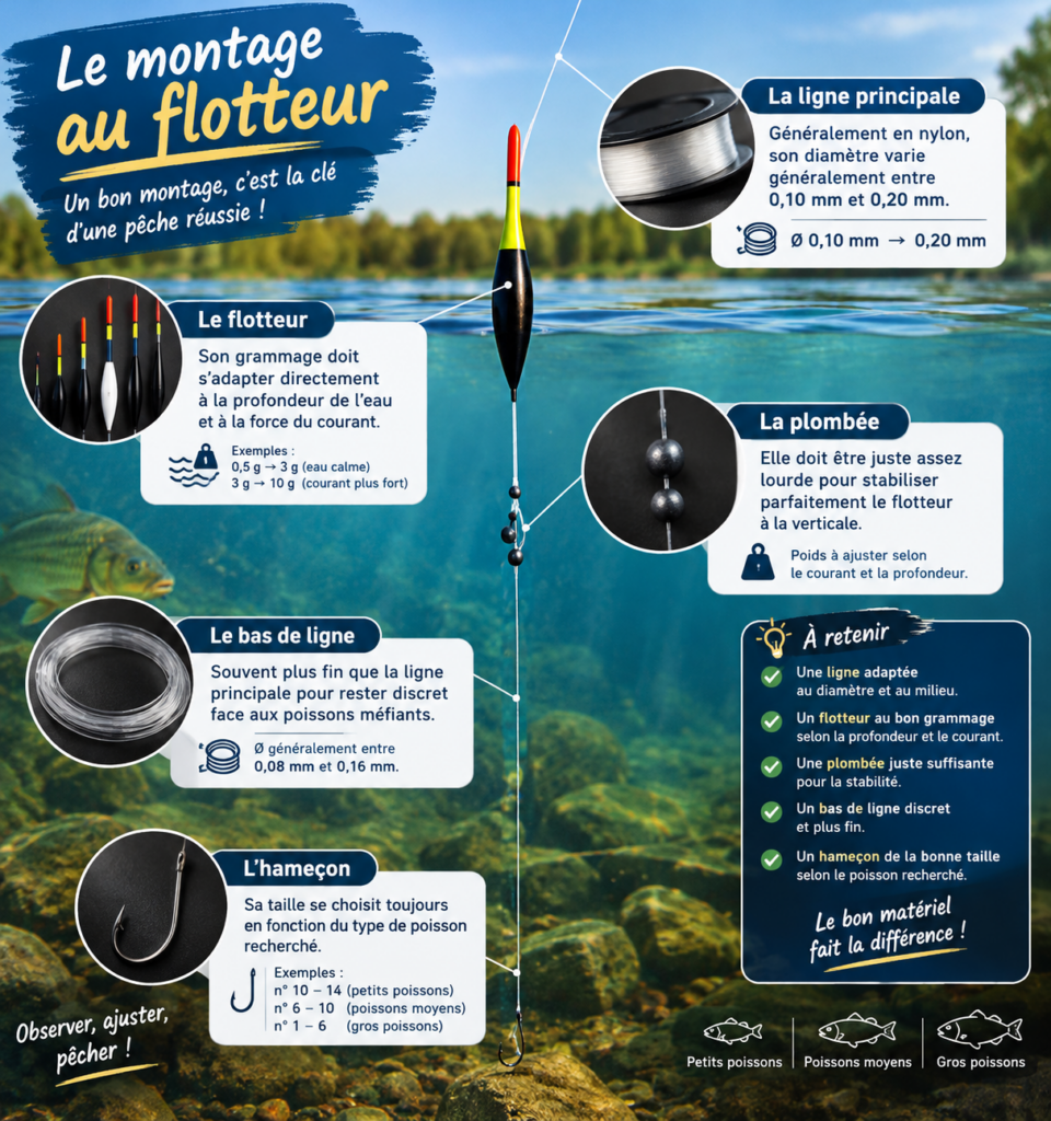 ontage de ligne flottante pour la pêche au coup au bord de l'eau