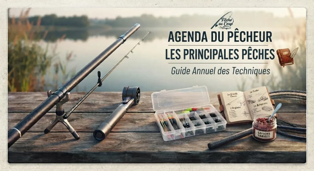 « Agenda du Pêcheur - Les Principales Pêches » et un carnet de notes ouvert détaillant les techniques saisonnières.
