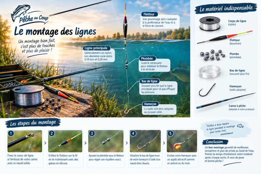 Guide pratique pour réussir votre montage de ligne pour la pêche au coup : choix du fil, flotteur, plombage et nœuds essentiels.