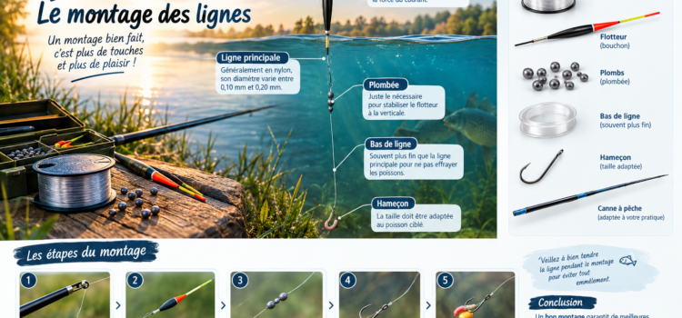 Le Montage de ligne pour la pêche au coup Guide pratique pour réussir votre montage de ligne pour la pêche au coup : choix du fil, flotteur, plombage et nœuds essentiels.